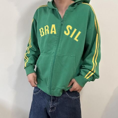 Y2k Brazil zip up hoodie🇧🇷 Size: medium -Brasil... - Depop Zip Up Hoodies Men, Stussy Hoodie, Hoodie Fits, Mens Fashion Casual Outfits, Hoodie Men, Winter Clothing, Zip Up Hoodies, Yellow Stripes, Zip Up Hoodie