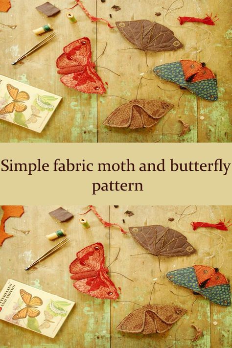 Simple fabric moth and butterfly sewing pattern. A great way of using up some of your scrap fabric. Make a magical brooch pin. Create perfect little presents for your friends and family. Moth Fabric Pattern, Fabric Moth, Butterfly Sewing, Fabric Butterflies, Geeky Craft, Simple Fabric, Fabric Origami, Textile Art Embroidery, Fabric Butterfly