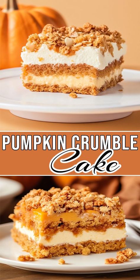 This Pumpkin Crumble Cake is a fall favorite! 🍰🍁 With layers of spiced pumpkin goodness and a crunchy crumble topping, it’s perfect for holiday gatherings or as a sweet treat with your morning coffee. ☕🎃 #PumpkinLovers #CrumbleDessert #HolidayBaking Pumpkin Crumble Cake, Cake For Thanksgiving, Pumpkin Crumble, Autumn Dessert, Pumpkin Coffee Cakes, Cinnamon Streusel, Cake Base, Crumble Cake, Spiced Pumpkin