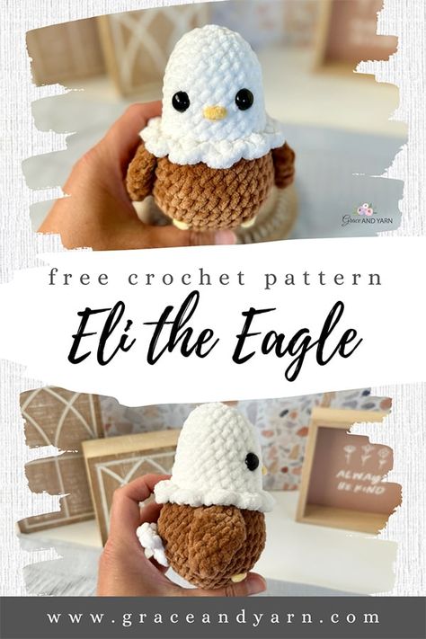 Free Amigurumi Plush Eagle Pattern - Grace and Yarn Cute Animal Crochet Patterns, Small Crochet Patterns, Crochet Stuff To Sell, Cute Animal Crochet, Amiguri Crochet, Crochet Figures, Eagle Crochet, Grace And Yarn, Animal Crochet Patterns