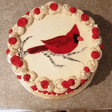 Cardinal Cake Design Images (Cardinal Birthday Cake Ideas) Red Bird Cake, Cardinal Cake Ideas, Mom Birthday Cake Ideas, Winter Baking Ideas, Cardinal Cake, Fondant Ribbon, Grandma Cake, Dq Cakes, Volcano Cake