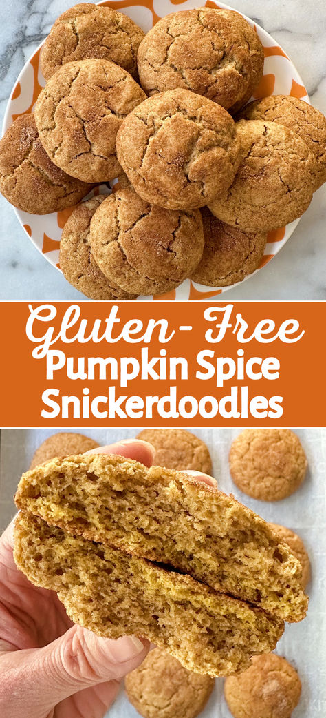 easy gluten-free cookie recipe pumpkin spice fall baking Gluten Free Pumpkin Cookies, Gluten Free Pumpkin Spice, Pumpkin Snickerdoodles, Fall Baking Recipes, Pumpkin Spice Cookies, Gourmet Cookies, Cookie Flavors, Fall Cookies, Gluten Free Sweets