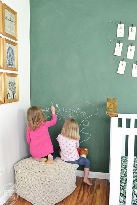 This nursery is filled with fun vintage finds to create a modern spin on a vintage classroom. I love the green chalkboard wall! Green Chalkboard Wall, Chalkboard Wall Kids, Vintage Classroom Decor, Vintage Classroom, Chalkboard Wall Bedroom, Playroom Table, Playroom Flooring, Small Playroom, Baby Playroom