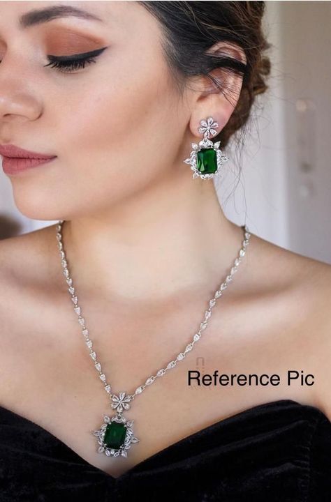 Emerald green octo Zircone diamond single line chain pendant set with matching pair of earrings For more delaits Instagram-(durga_creations_980). #jewelry #accessories #earings #necklace #indianjewellery #trandingjewelry #taditionaljewellery #statementjewelry #ethnicjewellery #indianwedding #modernjewelry #diamonds #pearls #kundan #siriski #americandiamondjewellery #export #exportjewellery #america #canada #india #delhi #mumbai #gujarat #surat #ahmdabad #pune #panjab #chandigarh #lucknow American Diamond Jewellery, Single Line, Emerald Pendant, Chandigarh, Chain Pendant, Gold Jewelry Fashion, Indian Jewellery, Pendant Set, Modern Jewelry