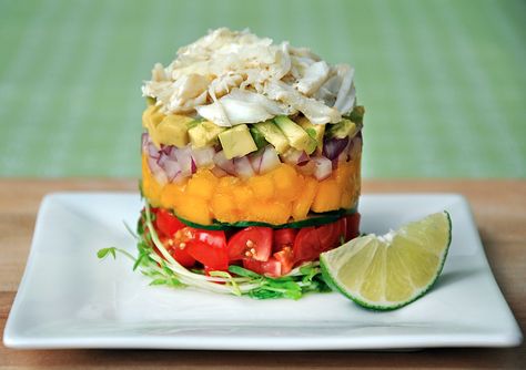 The La Jolla Crab Stack on MyRecipeMagic.com Crab Stack, Microgreens Recipe, Impressive Appetizers, Resep Salad, Crab Salad, Crab Recipes, Chopped Salad, La Jolla, Fish And Seafood