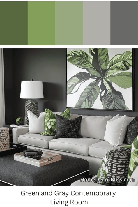 Contemporary Living Room: Green Botanical Prints and Gray Color Scheme Green And Grey Sofa Living Room, Green And Gray Color Palette Living Room, Gray And Green Living Room Decor, Grey Green And White Living Room, Olive Green And Gray Living Room, Grey And Green Room, Gray Green Living Room, Black White Green Living Room, Grey Green Living Room