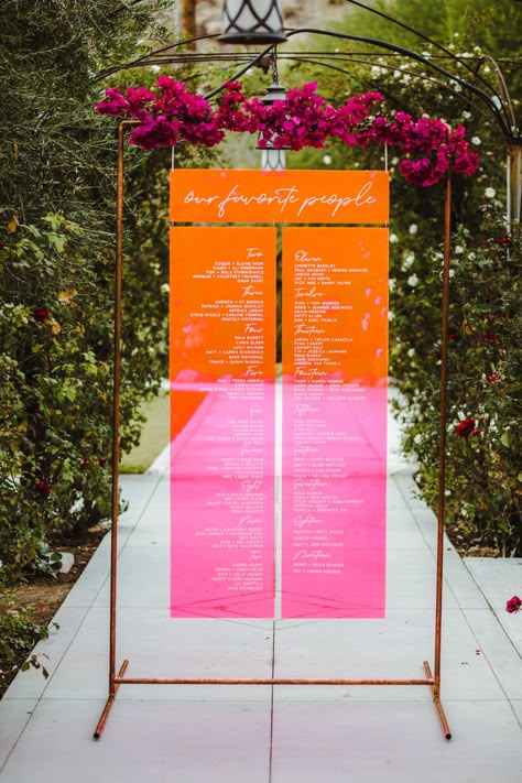 "Our favorite people" seating chart. Such a cool idea! #neonwedding #seatingchart #uniqueideas #weddingideas Our Favorite People Seating Chart, Orange And Pink Wedding, Boda Mexicana, Palm Springs Wedding, Neon Wedding, Orange Wedding, Orange And Pink, Seating Chart Wedding, Wedding Mood