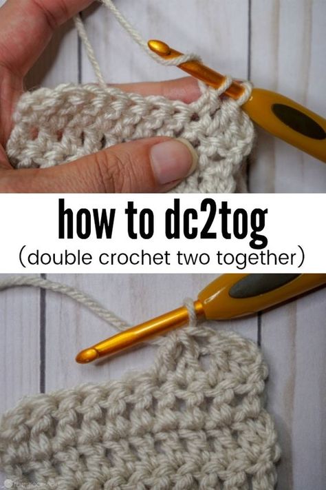 The dc2tog is easier than it looks! Let me show you how. via @ashlea729 Double Crochet Two Together, How To Double Crochet, Crochet Blanket Tutorial, Crochet Tips And Tricks, Double Crochet Decrease, Crochet Decrease, Crochet Stitches For Beginners, Crochet Tips, Double Crochet Stitch