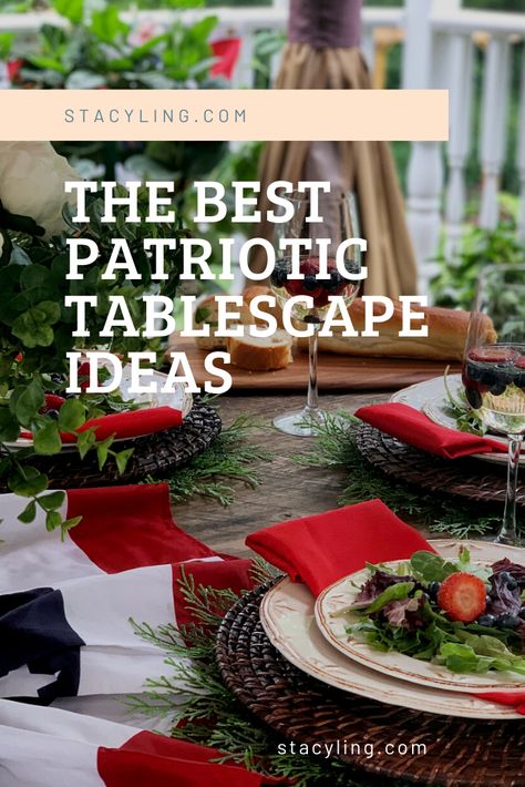 The Best Patriotic Tablescapes - Stacy Ling Fourth Of July Tablescapes, White And Blue Tablescape, Blue Dinner Party, Red Linen Napkins, Patriotic Table Decorations, Outdoor Tablescapes, Blue Tablescape, Patriotic Table Decor, Patriotic Tablescapes