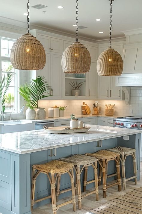 Kitchen Island Decor Ideas, Coastal Kitchen Design, Coastal Kitchen Decor, Beach Kitchens, Beach House Kitchens, Kitchen Island Decor, Aesthetic Kitchen, Island Decor, Beach House Interior