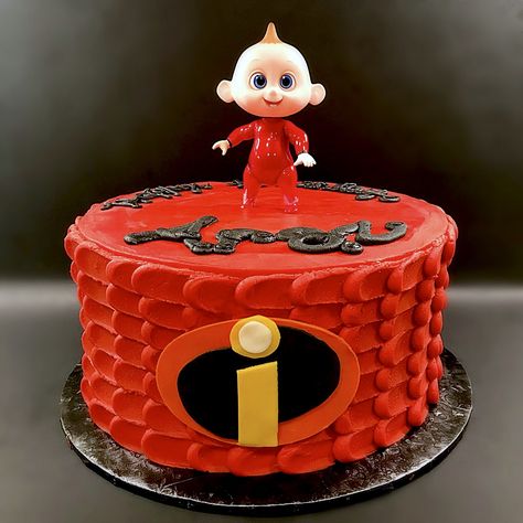 Incredibles Jack-Jack cake! Modeling chocolate for the emblem. #nikijoycakes #cake #buttercream #incrediblescake #jackjack Jack Jack Birthday Party Ideas, Incredible Birthday Cake, Incredibles Cake Ideas, Incredibles 1st Birthday Party, Jack Jack Birthday Cake, Incredibles Birthday Party Cake, The Incredibles Party Ideas, Jack Jack Incredibles Cake, Incredibles Smash Cake