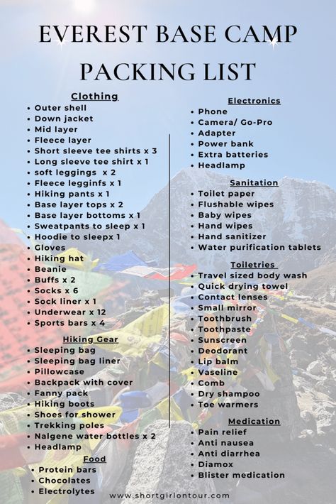 A Complete Everest Base Camp Packing List - SHORT GIRL ON TOUR Everest Base Camp Packing List, Camp Packing List, Hiking Packing List, Camp Packing, Backpack Cover, Camping Packing List, Sleeping Bag Liner, Flushable Wipes, Hiking Hat