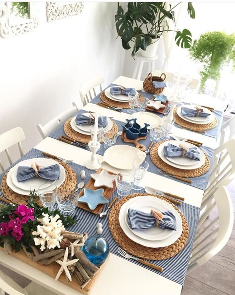 Coastal Thanksgiving Decor, Coastal Thanksgiving, Thanksgiving Decor Ideas, Nautical Table, Party Table Settings, Dining Room Table Decor, Dinner Table Setting, Table Setting Decor, Dinner Table Decor