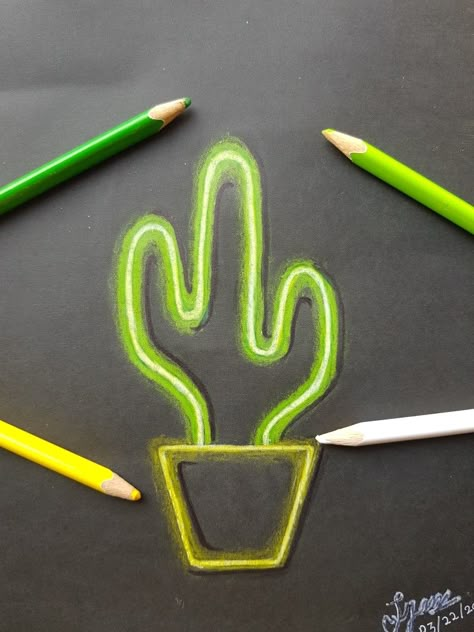 A neon cactus drawn using colour pencils Neon Pencil Drawing, Things To Draw On Black Paper Easy, Black Paper Drawing Colored Pencils, Neon Light Drawing, Neon Painting Ideas, Drawing Ideas Black, Neon Art Painting, Neon Cactus, Name Drawings