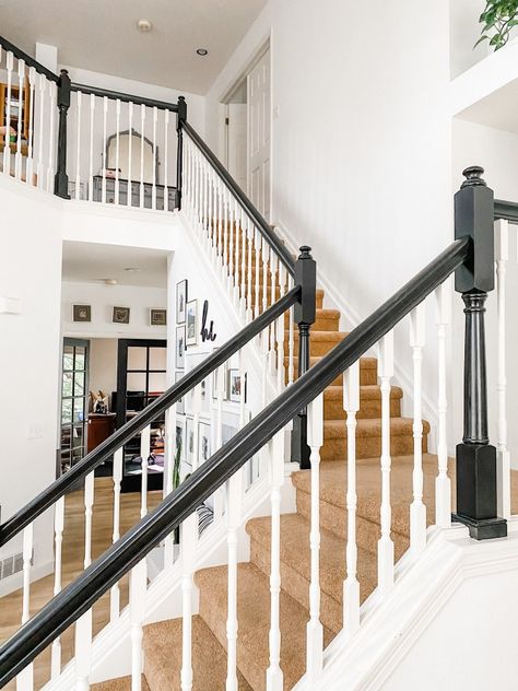 Black And White Spindle Staircase, Paint Stair Banister Black, White Spindles Black Railing, Black Bannister White Spindles, White Walls Black Stair Railing, Paint Oak Railing, Painted Wood Banisters, Paint Railing Black, Handrail Paint Ideas