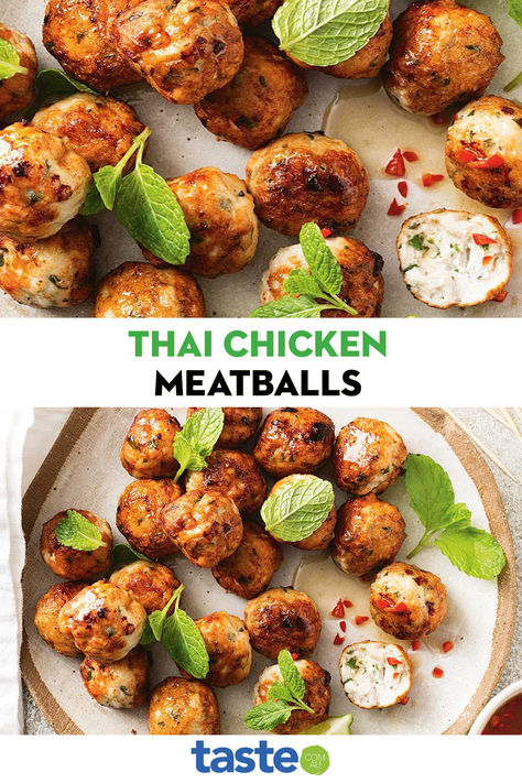 Thai Chicken Balls, Thai Chicken Meatballs, Asian Chicken Meatballs, Chicken Balls, Juicer Recipes, Chicken Satay, Thai Chicken, Chicken Meatballs, Meatball Recipes