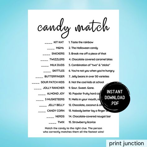 Icebreaker Games, Ice Breaker Games, Match The Candy, Candy Match Game, Office Party Games, Happy Hour Games, Printable Games Ice Breaker Games For Adults, Icebreaker Games, Dinner Party Games, Game Office, Office Party Games, Candy Match, All Candy, Ice Breaker Games, Match Game