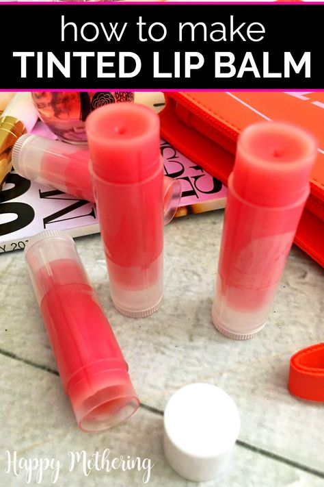 Learn how to make the best DIY Tinted Lip Balm in this easy step by step beauty tutorial. Our recipe adds red mica powder to an all natural homemade chapstick base of natural ingredients like beeswax, coconut oil, shea butter and peppermint essential oil for a shimmery lip color. #lipbalm #chapstick #diybeauty #micapowder #homemadebeauty #naturalbeauty #lips #howto #diy #sheabutter #beeswax #coconutoil #essentialoils Homemade Chapstick Recipe, How To Make Chapstick, Chapstick Diy, Diy Tinted Lip Balm, Homemade Chapstick, Chapstick Recipe, Ginger Soap, Homemade Lip Balm Recipe, Diy Lip Balm Recipes