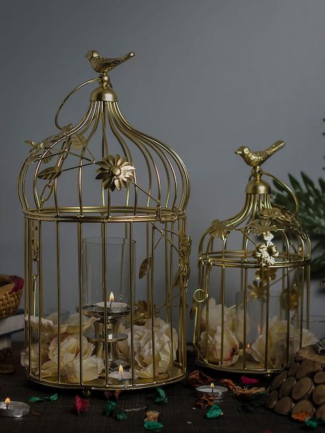 Aesthetic Bird Cage, Gold Bird Cage, Aesthetic Bird, Bird Cage Accessories, Antique Lanterns, Bird Cage Decor, Home Decor Hooks, Antique Interior, Winter Home Decor