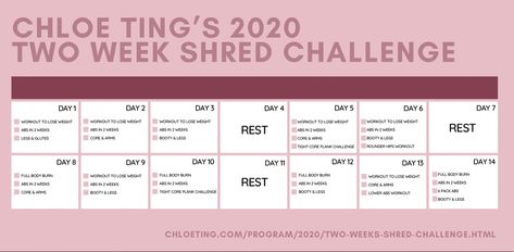 Chloe Ting 2020 2 week shred challenge calendar 2 Week Workout Challenge, Chloe Ting Challenge, Chloe Ting 2 Week Shred, 2 Week Shred Challenge, Two Week Shred, Workout Eating Plan, 2 Week Shred, Body Workout Challenge, Daily Workout Schedule