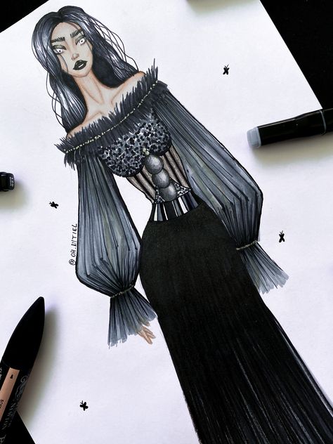 Nitiel is a brazilian fashion artist, illustrator. For more details view instagram @oh.nitiel. #fashiondrawing #fashion #fashionstyle #fashionista #fashionillustration #sketch #sketchbook #sketching #sketchup #illustration #illustrator #illustragram #illustration_daily #croquis #croquidemoda #fashionmodel #fashioninspiration #fashionist #fashiondesign #fashionillustrator #fashionfigure #fashionforward #desenhodemoda #dibujodemoda #croqui #nitieldrawings #drawing #drawthisinyourstyle #gothic Gothic Fashion Sketches, Gothic Fashion Drawing, Gothic Fashion Illustration, Fashionillustration Sketch, Creative Dress, Brazilian Fashion, Fashion Artist, Fashion Drawings, Gothic Models