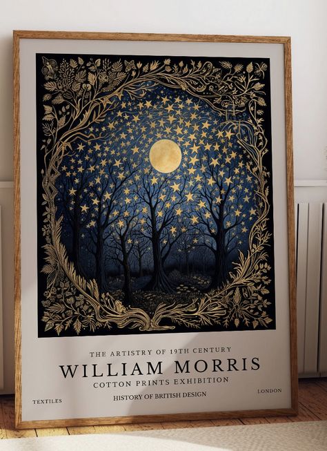 William Morris Painting, Moon Abstract Art, Whimsical Stars, William Gold, Celestial Room, Poster Moon, Textiles Art, Morris Print, Poster For Living Room