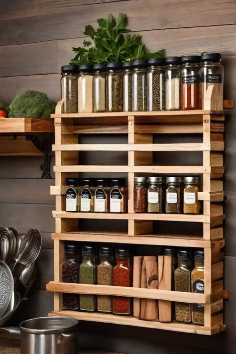 A closeup of a DIY spice rack made from repurposed wooden pallets Spice Shelf Ideas, Kitchen Spice Rack Ideas, Spice Rack Ideas Diy, Diy Spice Rack Ideas, Spice Rack Ideas, Kitchen Decor Hacks, Diy Spice Rack, Kitchen Beautiful, Wooden Spice Rack