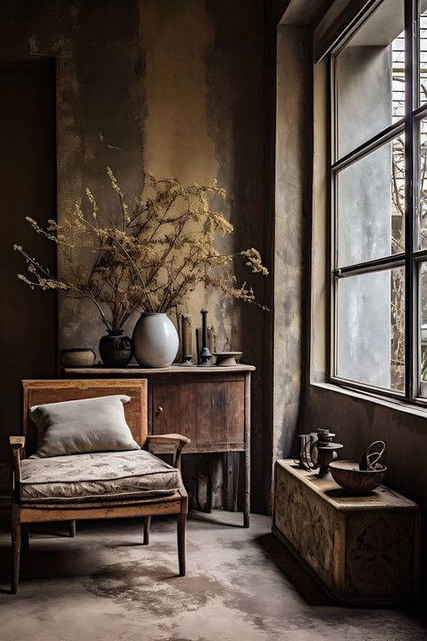 Wabi Sabi Bedroom Decor, Wabi Sabi Style Bedroom, Wabi Sabi Apartment, Wabi Sabi Furniture, Wabi Sabi Home, Wabi Sabi Living Room, Wabi Sabi Living, Moody Interior Design, Wabi Sabi Interior Design