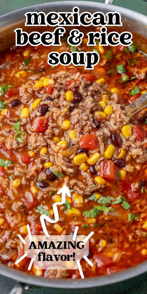 Craving a deconstructed burrito in a bowl? Try our popular Mexican Beef Soup recipe! It's like enjoying the best parts of a burrito, mixed into a savory beef stock and tomato-based soup, complete with rice. Perfect for fans of Texas hash, this soup brings all the flavors you love. #MexicanSoup #BeefSoup #BurritoBowl #ComfortFood #SoupRecipes Hamburger Rice Soup Recipe, Mexican Soups In A Crock Pot, Soups With Tomato Base, Mexican Soup With Rice, Sides For Taco Soup, Mexican Beef And Rice Soup, One Pot Soups And Stews, Beef Soup Ideas, Mexican Beef Soup Recipes