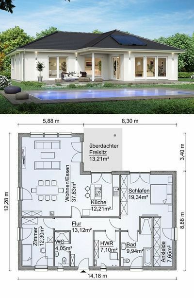 1 Floor House, One Floor House Plans, Hipped Roof, Modern Bungalow House, Roof Architecture, House Plan Gallery, Floor Kitchen, House Construction Plan, Model House Plan