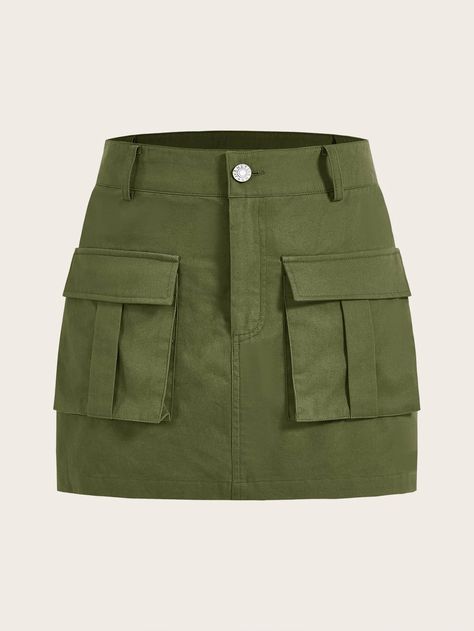 SHEIN EZwear Flap Pocket Cargo Skirt | SHEIN USA Gorpcore Fashion, Women Skirts, Causual Outfits, Cute Comfy Outfits, Cargo Skirt, 여자 패션, Cute Skirts, Green Skirt, Teen Fashion Outfits