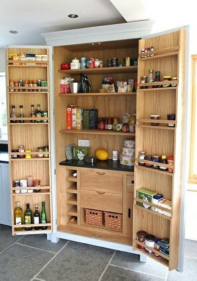 Freestanding pantry cabinet - I like the storage on the doors and the little countertop for prep. Organiser Cucina, Open Pantry, Kitchen Larder, Pantry Cupboard, Kabinet Dapur, Freestanding Kitchen, Charming Kitchen, Kitchen Pantry Design, Kitchen Pantry Cabinets