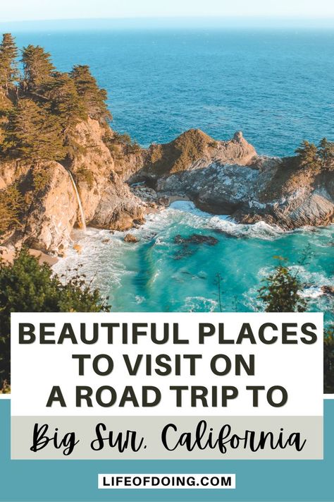 McWay Falls, a waterfall that leads to Pacific Ocean, and is a place to visit on a Big Sur road trip Big Sur Hiking, Big Sur Road Trip, Travel By Car, California Places To Visit, Best Road Trips, Road Trip Map, Highway 1, Big Sur California, Road Trip Hacks