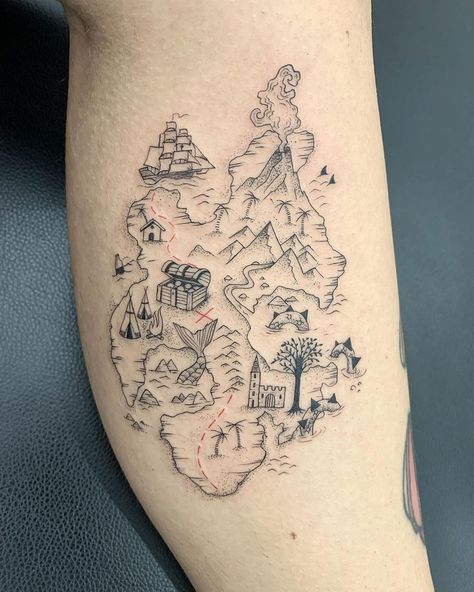 Treasure Map by Bombayfoor, an artist at Toy Tattoo Parlour in Milan, Italy. Treasure Map Tattoo, Pirate Themed Tattoos, Pirate Map Tattoo, Toy Tattoo, Pirate Ship Tattoos, Peter Pan Tattoo, World Map Tattoos, Hunter Tattoo, Map Tattoo