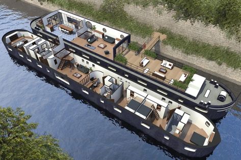 Luxury Houseboats, Barge Boat, Liveaboard Boats, Lego Boat, Canal Barge, Boat House Interior, Sea Container Homes, Houseboat Living, Floating Architecture