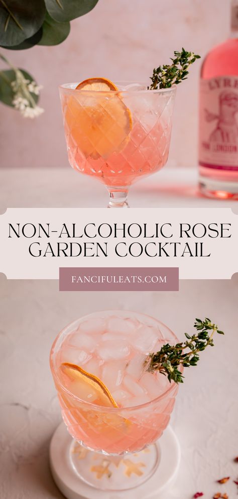 Pink rose garden cocktail in a glass with thyme sprigs and a dried orange slice. Non Alcoholic Welcome Drinks, Floral Mock Tails, Rose Syrup Cocktail, Spritzer Cocktails Non Alcoholic, Sweet Mocktail Recipes, Tonic Water Drinks Non Alcoholic, Zero Proof Cocktails, Alcohol Free Wedding, Pink Mocktails Non Alcoholic