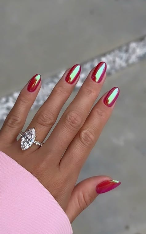 New Manicure Ideas, Red Chrome Summer Nails, Chrome Red White And Blue Nails, Red Nails With Green Chrome, Chrome On Red Nails, Red Nails White Chrome, Bling Bling Nails, Red Nails With Pearl Chrome, Red White And Blue Chrome Nails