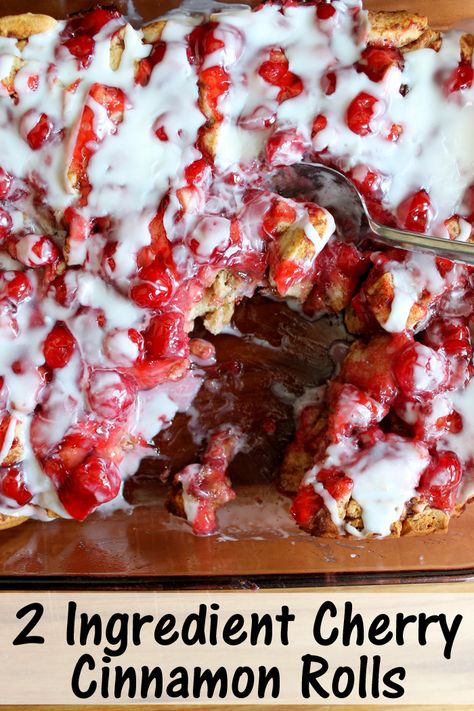 Make this cherry cinnamon rolls recipe for your family! Just two ingredients! Cherry Cinnamon Rolls, Pillsbury Cinnamon Roll Recipes, Dessert Cinnamon, Cinnamon Roll Desserts, Cherry Pie Filling Recipes, Pillsbury Cinnamon Rolls, Bakery Goods, Cinnamon Roll Casserole, Cinnamon Roll Bake