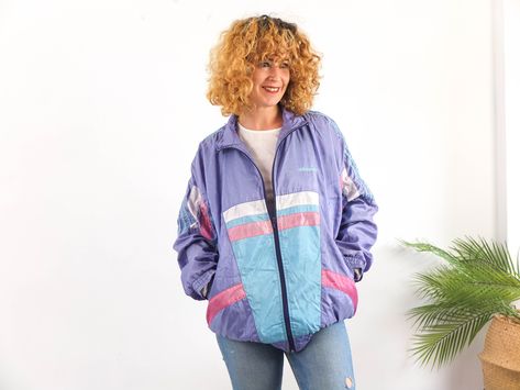 Windbreaker Women, Purple Color Block, Retro Outfit, 70s Clothing, 90s Adidas, Adidas Windbreaker, Womens Windbreaker, Sport Jacket, Vintage Color