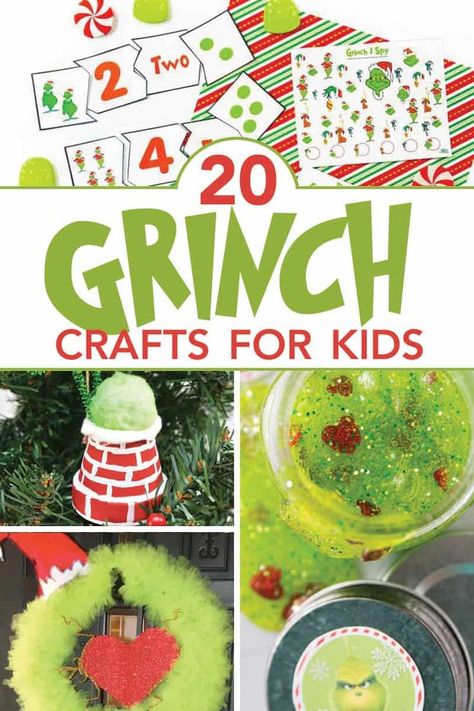 These 20+ fun Grinch Crafts for Grinchmas are just so easy--and will be such a fun activity to do with the kids. I feel like there's nothing more fun than reading the book and then making crafts together for Christmas! #grinchcrafts #grinch #christmascraftsforkids #craftsforkids #thegrinch #3boysandadog Grinch Christmas Ornaments Kids, Grinch Tissue Paper Craft, Grinch Ideas For School, Grinch Diy Ornament Kids, Prek Grinch Day, Grinch Party Crafts, Grinchmas Crafts For Kids, Grinch Fine Motor Activities, Grinch Themed Classroom Activities