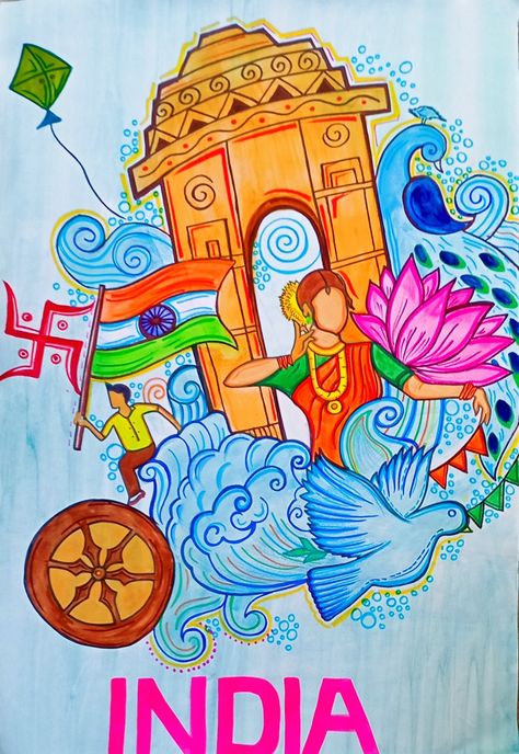 Hindi Art Design, Cultural Diversity Of India Drawing, Indian Culture Poster Drawing, Cultural Heritage Of India Poster, Culture And Heritage Of India Drawing, Indian Heritage Drawing, Indian Culture Illustration, Project File Cover Ideas School Creative, Heritage Drawing