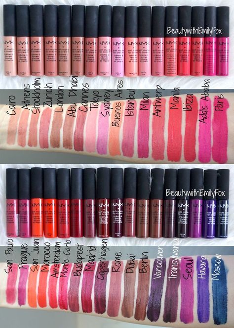 All 34 shades of the NYX Soft Matte Lip Cream - Swatches: Cairo, Athens Nyx Soft Matte Lip Cream Swatches, Nyx Lip Cream, Nyx Soft Matte Lip Cream, Alat Makeup, Nyx Soft Matte, Nyx Lip, Nyx Lipstick, Makeup List, Soft Matte Lip Cream