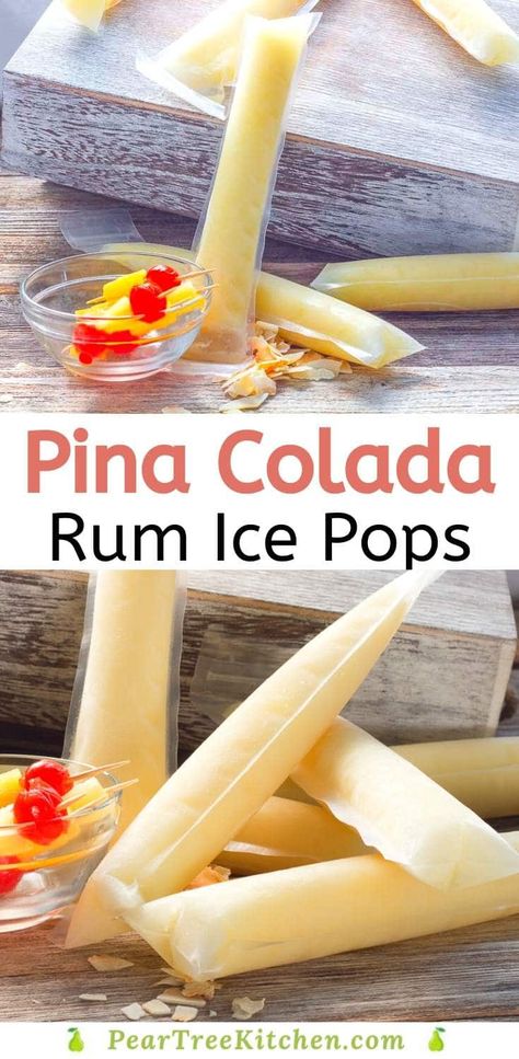 Everyone loves these frozen Pina Colada ice pops loaded with rum, coconut, and pineapple. You don't have to be in the tropics to enjoy this easy cocktail. #recipes #rum #frozen Freeze Pop Recipes, Boozy Pops, Popsicles Recipes, Boozy Ice Pops, Alcoholic Popsicles, Frozen Pina Colada, Boozy Popsicles, Ice Pop Recipes, Pina Colada Recipe