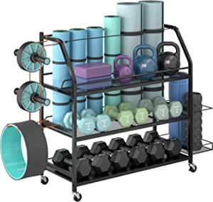 Amazon.com : Staransun Home Gym Storage Rack - Weight Rack for Dumbbells - Yoga Mat Storage Rack with Two Extra Side Storage Space - Garage Storage with Caster Wheels - Workout Equipment Organizer - Easy to Assemble : Sports & Outdoors Sports Equipment Organization, Gym Rack, Home Gym Organization, Gym Organizer, Home Gym Storage, Gym Storage, Sports Storage, Yoga Mat Storage, Weight Rack