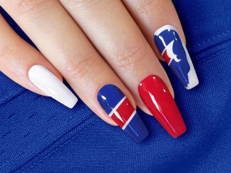 Bills Nails, Buffalo Bills Nails, Football Nails, Shape Chart, Nail Goals, Custom Hand Painted, Nail Glue, Nail Shapes, Buffalo Bills