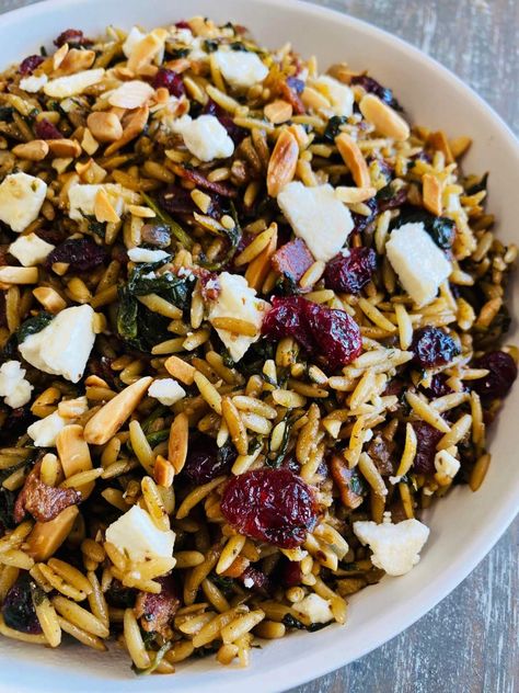 Bacon Cranberry Orzo Salad - Cooks Well With Others Christmas Orzo Pasta Salad, Orzo Cranberry Feta Salad, Winter Orzo Salad, Christmas Orzo Salad, Winter Orzo Salad Recipes, Potluck Salad, Easy Potluck, Orzo Salad Recipes, Norwegian Christmas