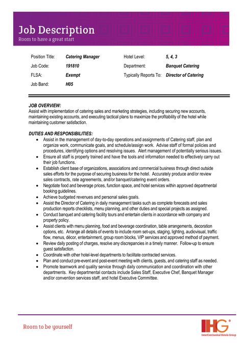 Sample Catering Sales Manager Job Description - How to create a Catering Sales Manager Job Description? Download this Sample Catering Sales Manager Job Description template now! Job Application Example, Designer Job, Recruitment Marketing, Sales Person, Emergency Binder, Job Description Template, Organization Chart, Events Ideas, Creative Jobs