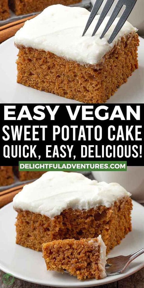 Super moist, soft, fluffy spiced vegan sweet potato cake topped with a layer of luscious, creamy frosting. It’s the perfect quick, easy vegan dessert to serve on a special occasion or just on a regular weeknight! It’s dairy-free, eggless, and can be made gluten-free if needed. Sweet Potato Dessert Healthy, Butternut Squash Cake, Sweet Potato Cake Recipe, Squash Cakes, Sweet Potato Snacks, Vegan Gluten Free Cake, Gluten Free Vegan Recipes Desserts, Sweet Potato Pound Cake, Sweet Potato Dessert