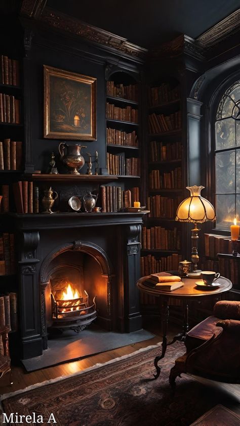 Moody Home Library Office, Dark Academia Basement, Fireplace In Office, Dark Academia Fireplace, Victorian Library Study, Moody Home Library, Dark Academia Apartment, Art Deco Library, Blue Library