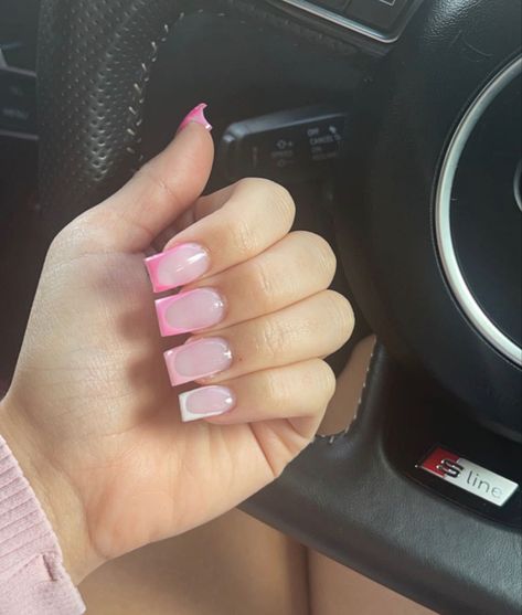 a hand with short pink to white french tip arcylic nails Pink Under Nails, Light Pink And White French Tip Nails, French Tip Nails Pink And White, Short Baby Pink Acrylic Nails, Barbie Nails Short, Light Pink French Tip, Pink And White French Tip, Inspo Acrylic Nails, Toes Ideas